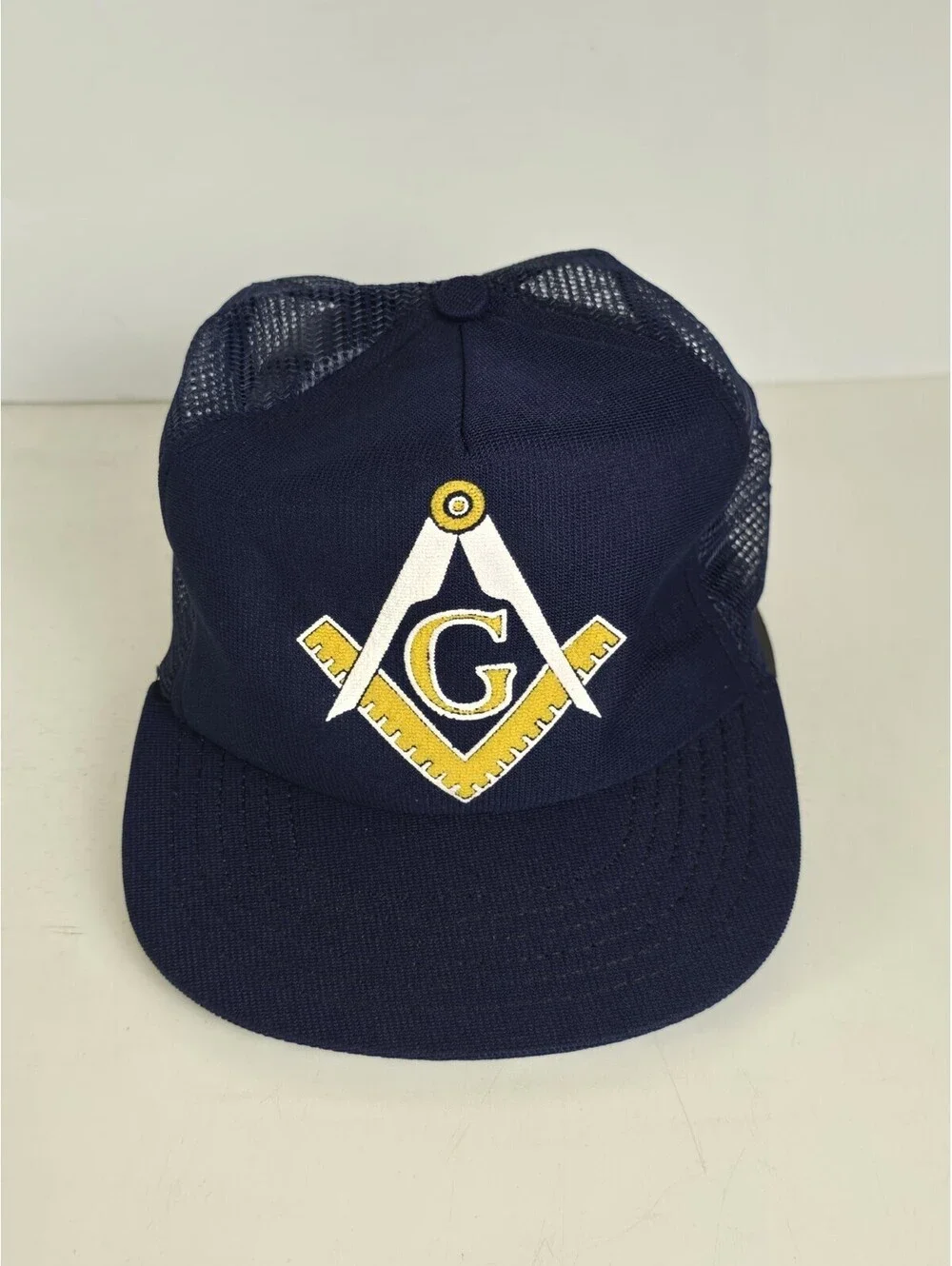 Vintage Free Masons Navy Blue Mesh Trucker Snapback Hat Made In USA NOS